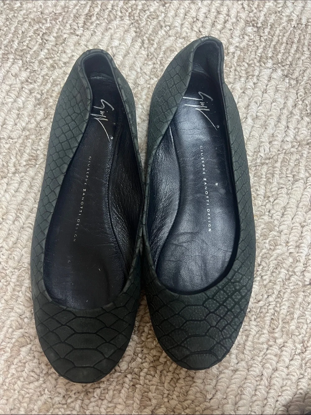 Giuseppe Zanotti Dark Green Textured Leather Ballet Flats